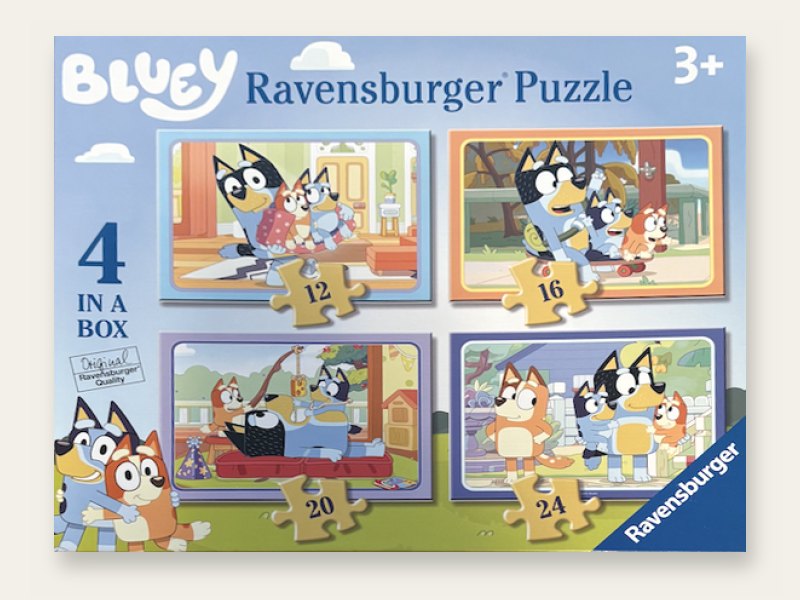 Ravensburger Bluey puzzle box with four puzzles of 12 to 24 pieces, ages 3 and up